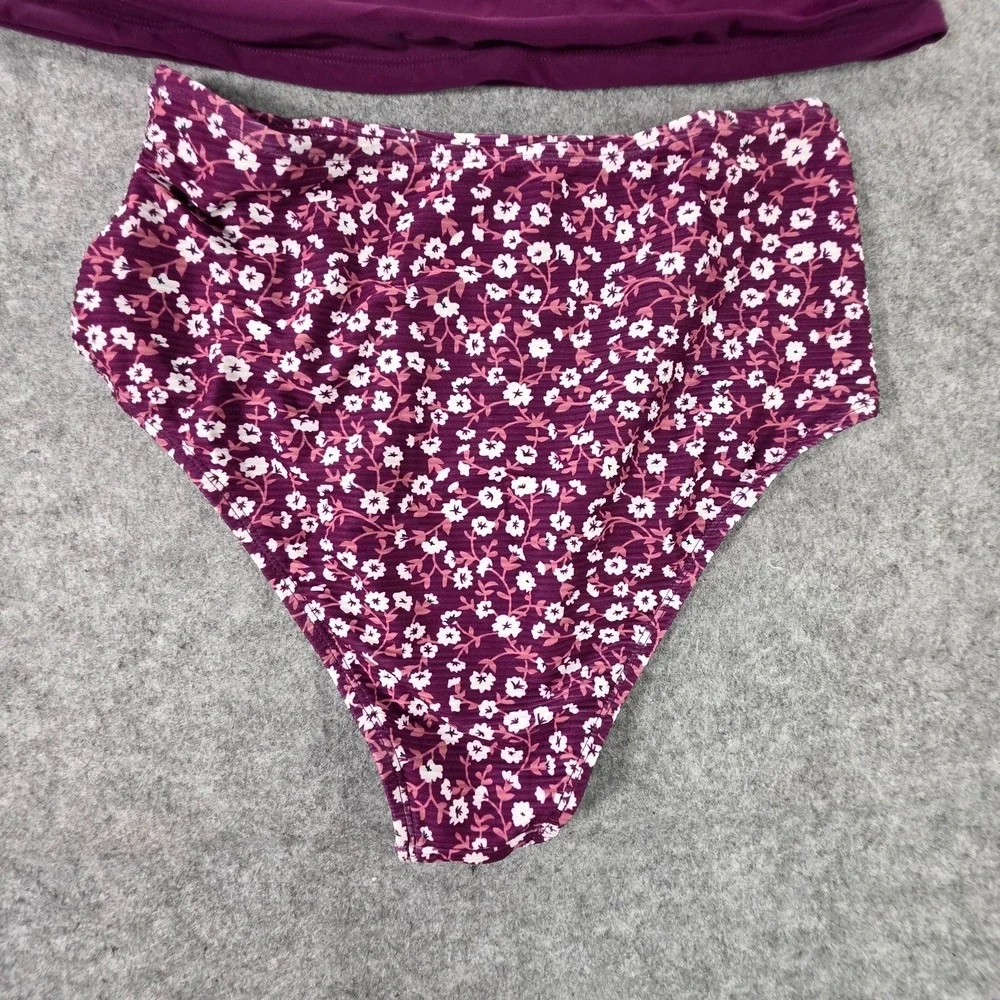 NWT Cupshe Cutout V-Neck Tankini Top Floral Plum Mid-Rise Bottoms Set Med